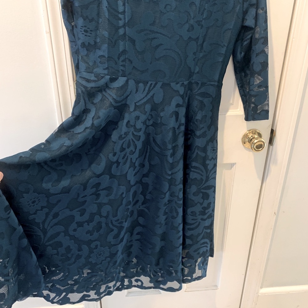 Dark Teal Lace Overlay Cocktail 3/4 Sleeve Dress